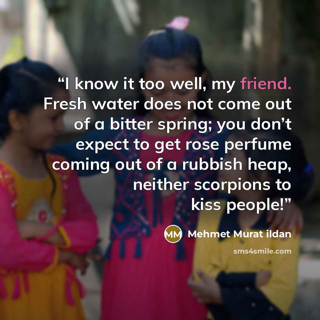“I know it too well, my friend. Fresh water does not come out of a bitter spring; you don’t expect to get rose perfume coming out of a rubbish heap, neither scorpions to kiss people!” quote by Mehmet Murat ildan