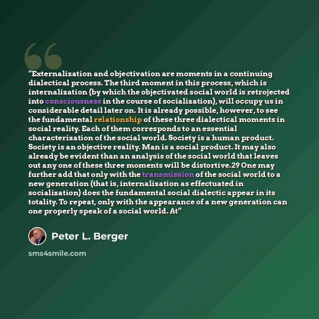 “Externalization and objectivation are moments in a continuing dialectical process. The third moment in this process, which is internalization (by which the objectivated social world is retrojected into consciousness in the course of socialization), will occupy us in considerable detail later on…” quote by Peter L. Berger