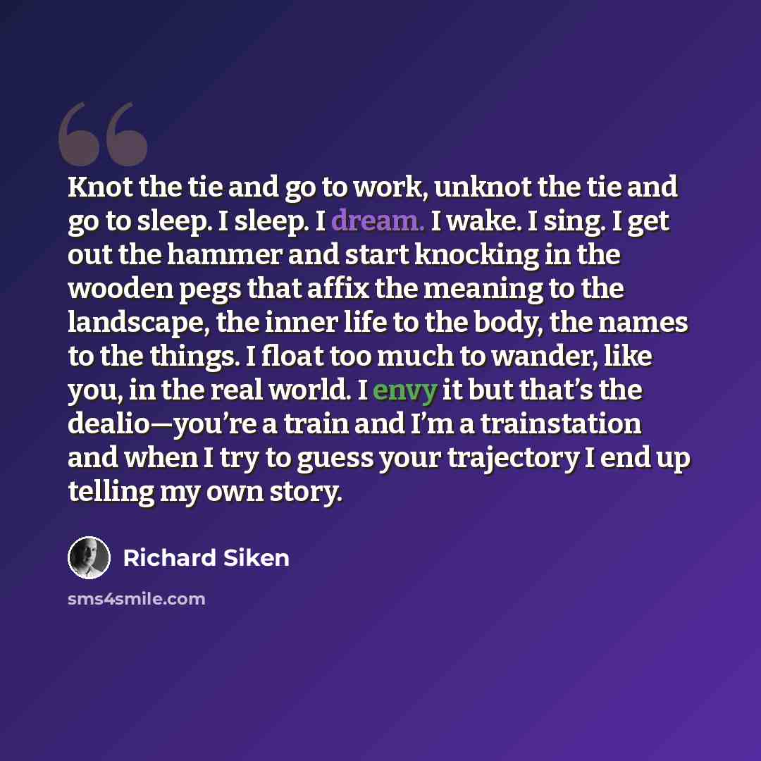 “Knot the tie and go to work, unknot the tie and go to sleep. I sleep. I dream. I wake. I sing. I get out the hammer and start knocking in the wooden pegs that affix the meaning to the landscape, the inner life to the body, the names to the things. I float too much to wander, like you, in the real…” quote by Richard Siken