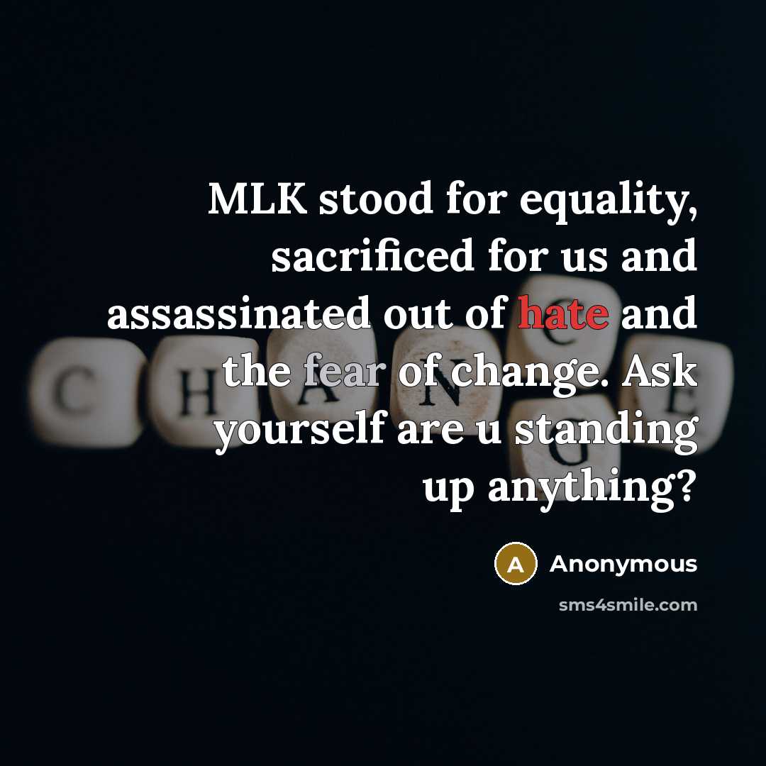 “MLK stood for equality, sacrificed for us and assassinated out of hate and the fear of change. Ask yourself are u standing up anything?” quote by Anonymous