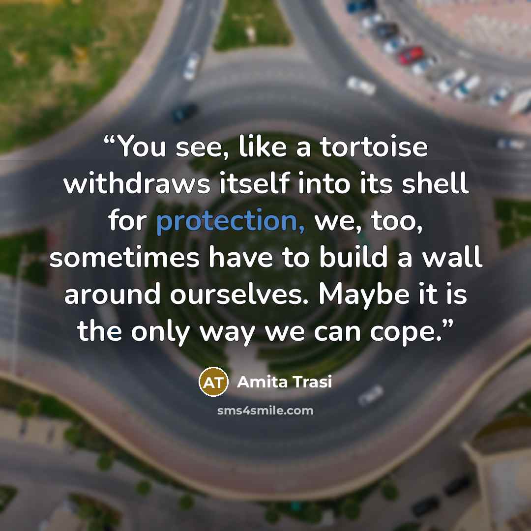 “You see, like a tortoise withdraws itself into its shell for protection, we, too, sometimes have to build a wall around ourselves. Maybe it is the only way we can cope.” quote by Amita Trasi