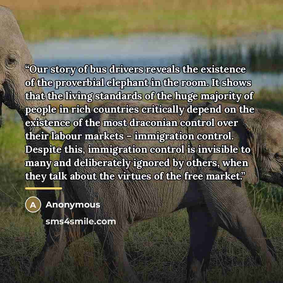 “Our story of bus drivers reveals the existence of the proverbial elephant in the room. It shows that the living standards of the huge majority of people in rich countries critically depend on the existence of the most draconian control over their labour markets – immigration control. Despite this…” quote by Anonymous