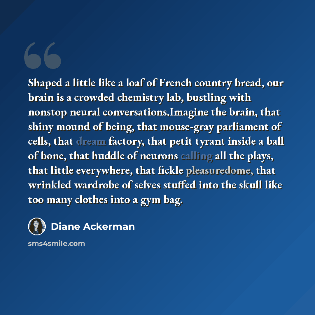 “Shaped a little like a loaf of French country bread, our brain is a crowded chemistry lab, bustling with nonstop neural conversations.Imagine the brain, that shiny mound of being, that mouse-gray parliament of cells, that dream factory, that petit tyrant inside a ball of bone, that huddle of…” quote by Diane Ackerman