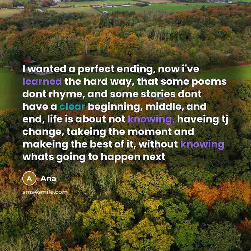 “I wanted a perfect ending, now i've learned the hard way, that some poems dont rhyme, and some stories dont have a clear beginning, middle, and end, life is about not knowing, haveing tj change, takeing the moment and makeing the best of it, without knowing whats going to happen next” quote by Ana