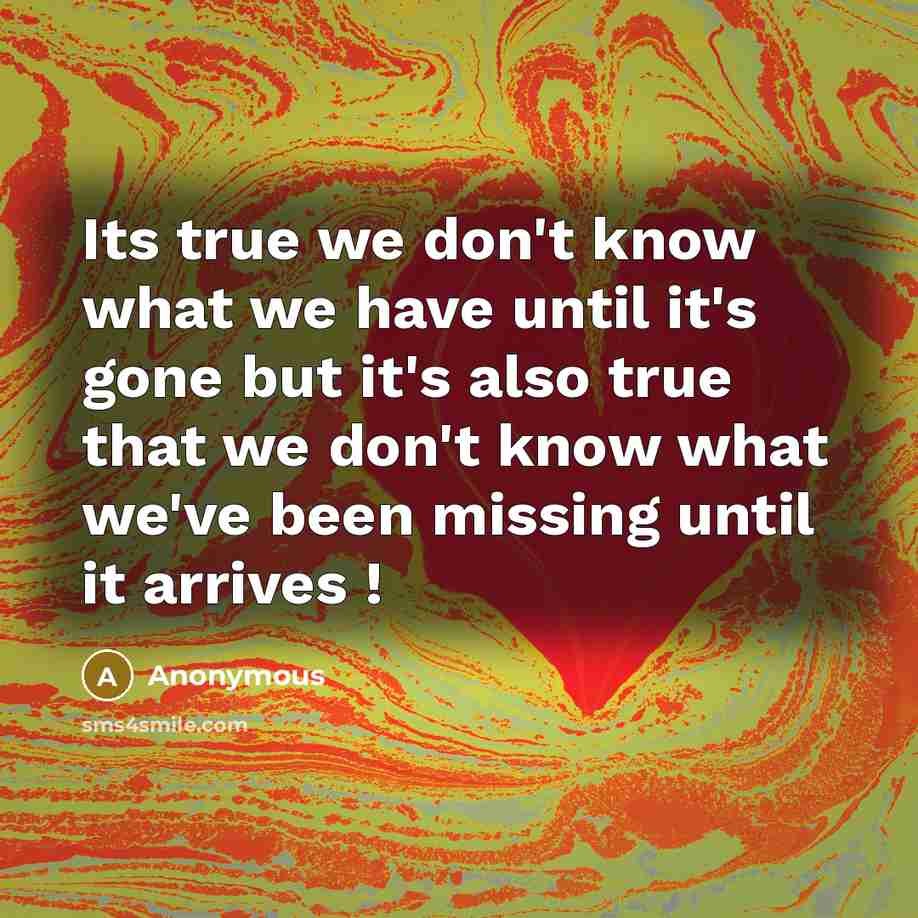 “Its true we don't know what we have until it's gone but it's also true that we don't know what we've been missing until it arrives !” quote by Anonymous