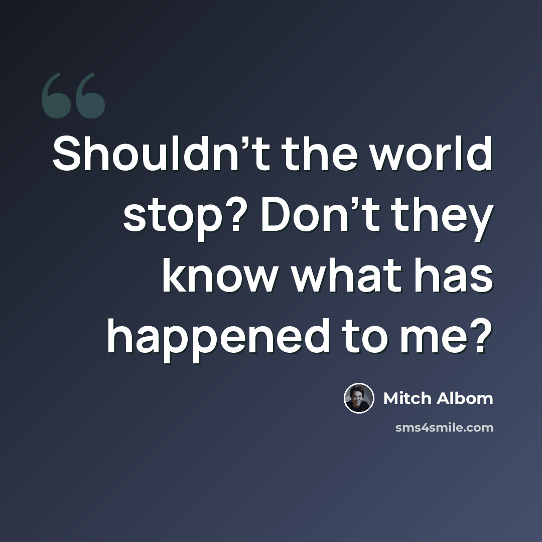 “Shouldn't the world stop? Don't they know what has happened to me?” quote by Mitch Albom