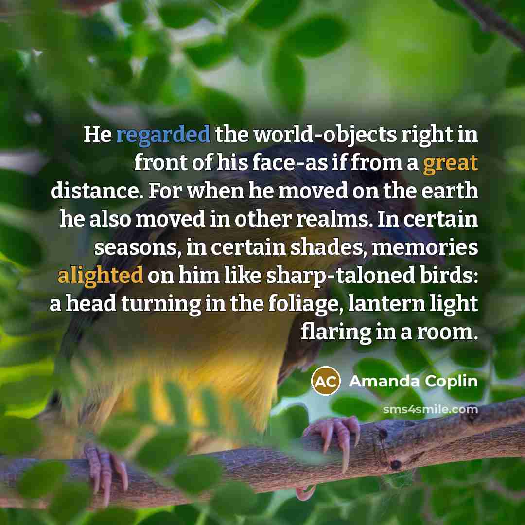 “He regarded the world-objects right in front of his face-as if from a great distance. For when he moved on the earth he also moved in other realms. In certain seasons, in certain shades, memories alighted on him like sharp-taloned birds: a head turning in the foliage, lantern light flaring in a…” quote by Amanda Coplin