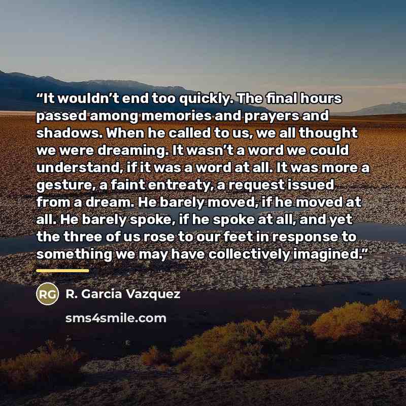 “It wouldn’t end too quickly. The final hours passed among memories and prayers and shadows. When he called to us, we all thought we were dreaming. It wasn’t a word we could understand, if it was a word at all. It was more a gesture, a faint entreaty, a request issued from a dream. He barely moved…” quote by R. Garcia Vazquez