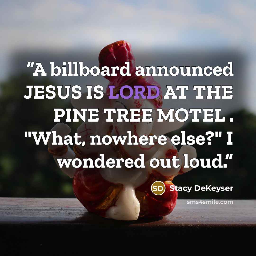 “A billboard announced JESUS IS LORD AT THE PINE TREE MOTEL . "What, nowhere else?" I wondered out loud.” quote by Stacy DeKeyser