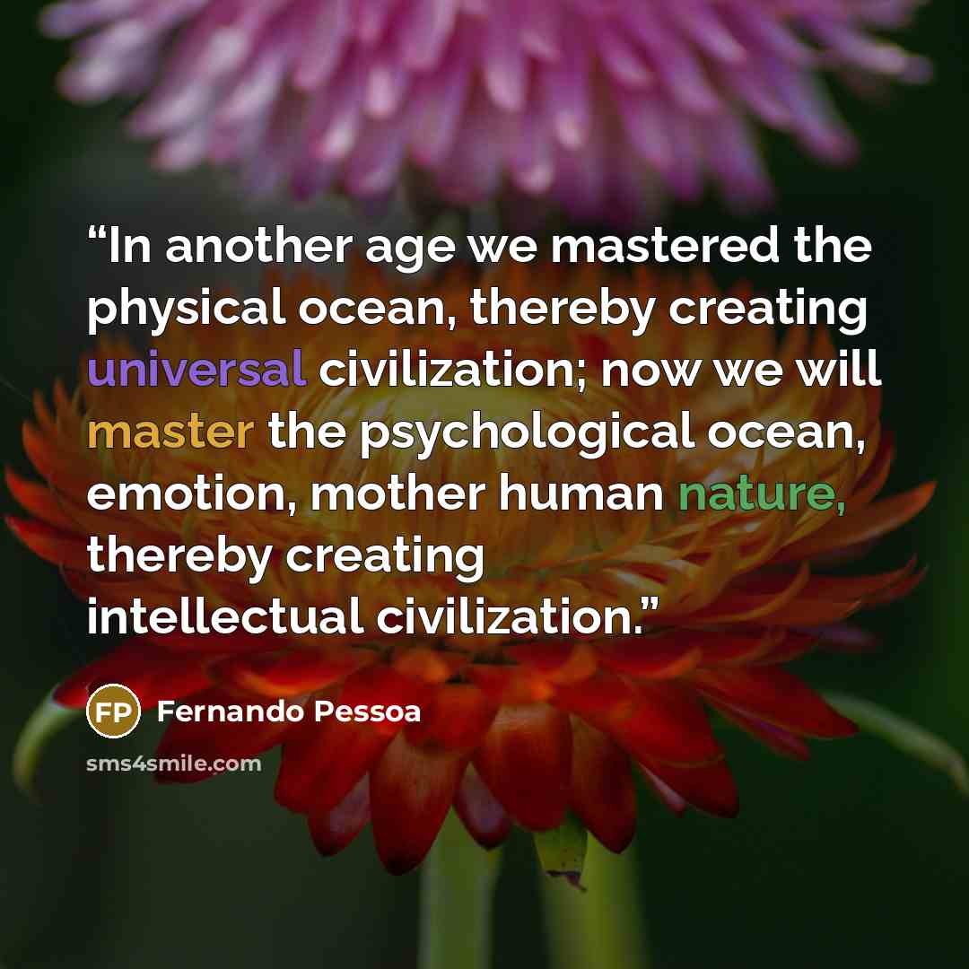 “In another age we mastered the physical ocean, thereby creating universal civilization; now we will master the psychological ocean, emotion, mother human nature, thereby creating intellectual civilization.” quote by Fernando Pessoa