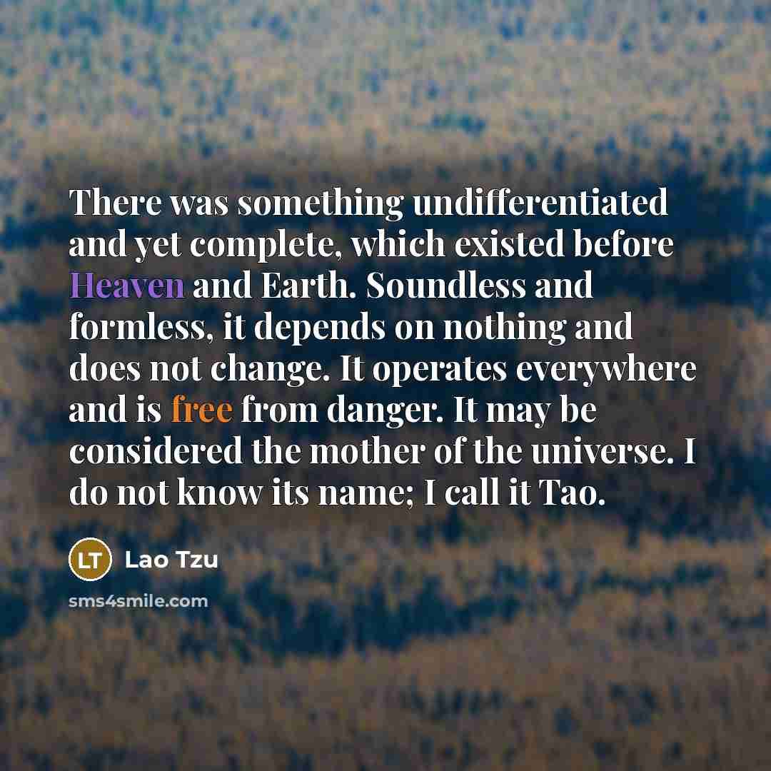 “There was something undifferentiated and yet complete, which existed before Heaven and Earth. Soundless and formless, it depends on nothing and does not change. It operates everywhere and is free from danger. It may be considered the mother of the universe. I do not know its name; I call it Tao.” quote by Lao Tzu