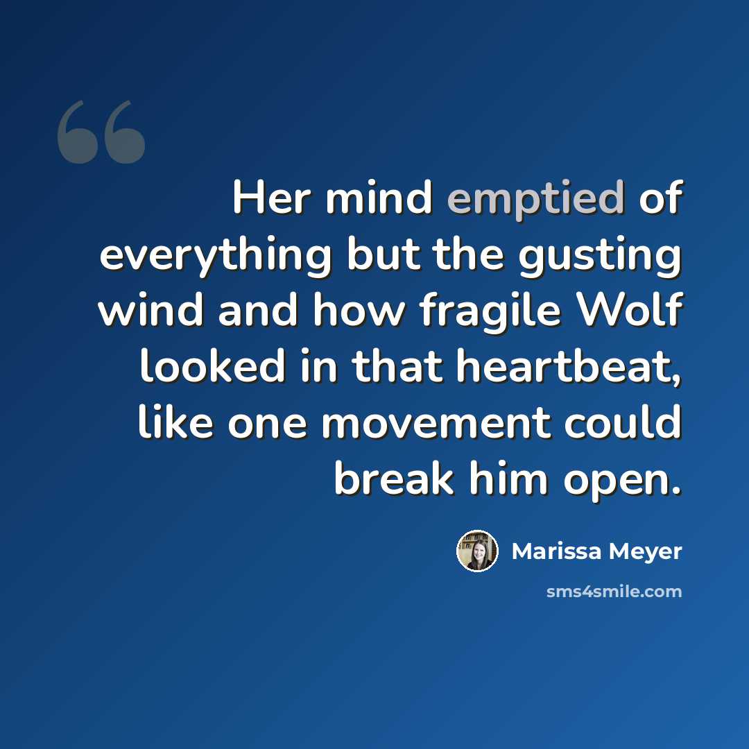 “Her mind emptied of everything but the gusting wind and how fragile Wolf looked in that heartbeat, like one movement could break him open.” quote by Marissa Meyer