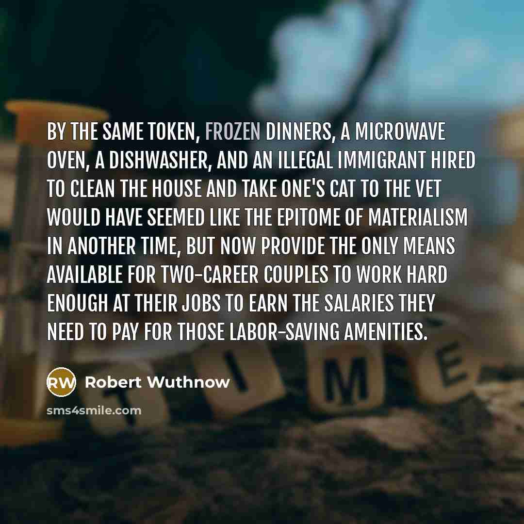 “By the same token, frozen dinners, a microwave oven, a dishwasher, and an illegal immigrant hired to clean the house and take one's cat to the vet would have seemed like the epitome of materialism in another time, but now provide the only means available for two-career couples to work hard enough…” quote by Robert Wuthnow
