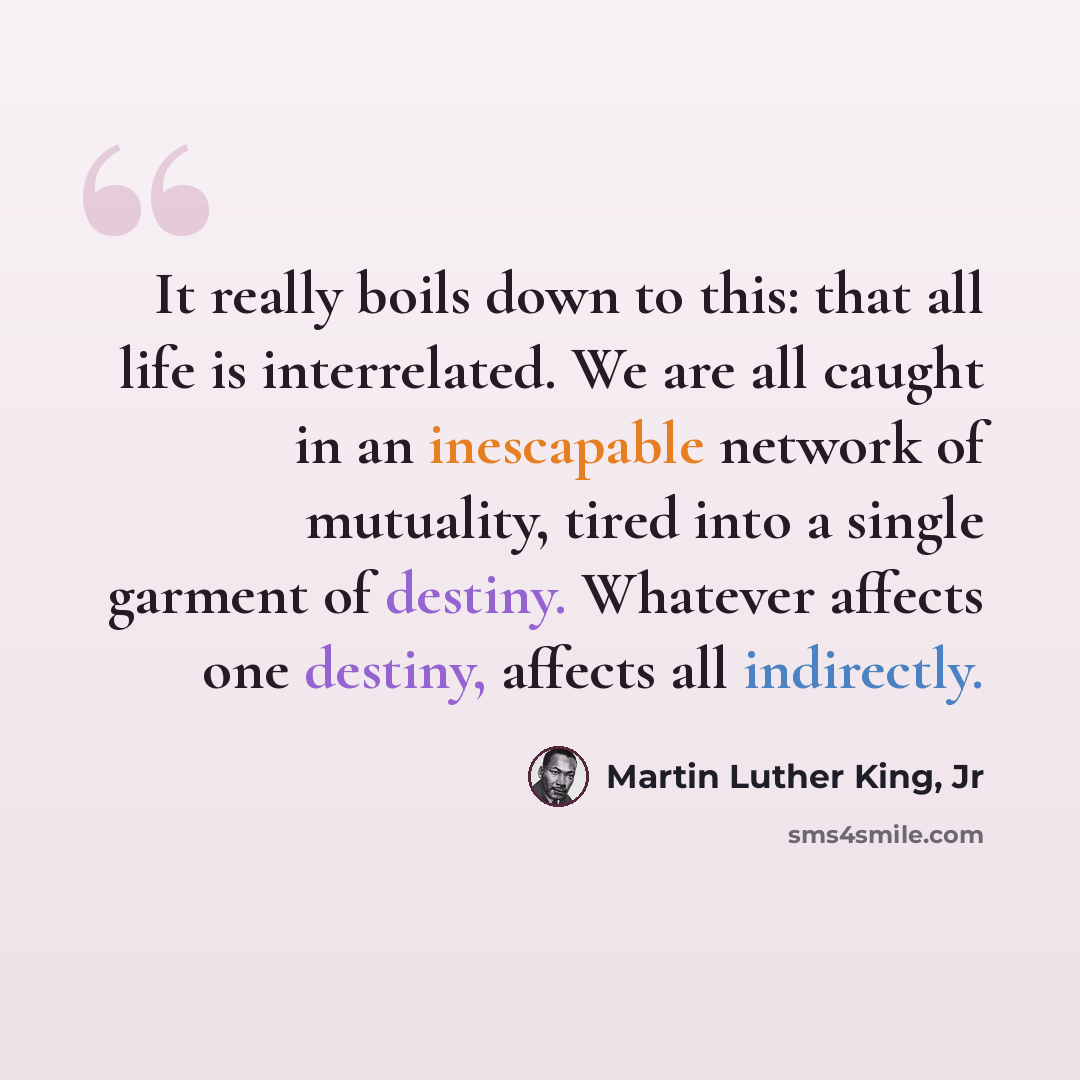 “It really boils down to this: that all life is interrelated. We are all caught in an inescapable network of mutuality, tired into a single garment of destiny. Whatever affects one destiny, affects all indirectly.” quote by Martin Luther King, Jr