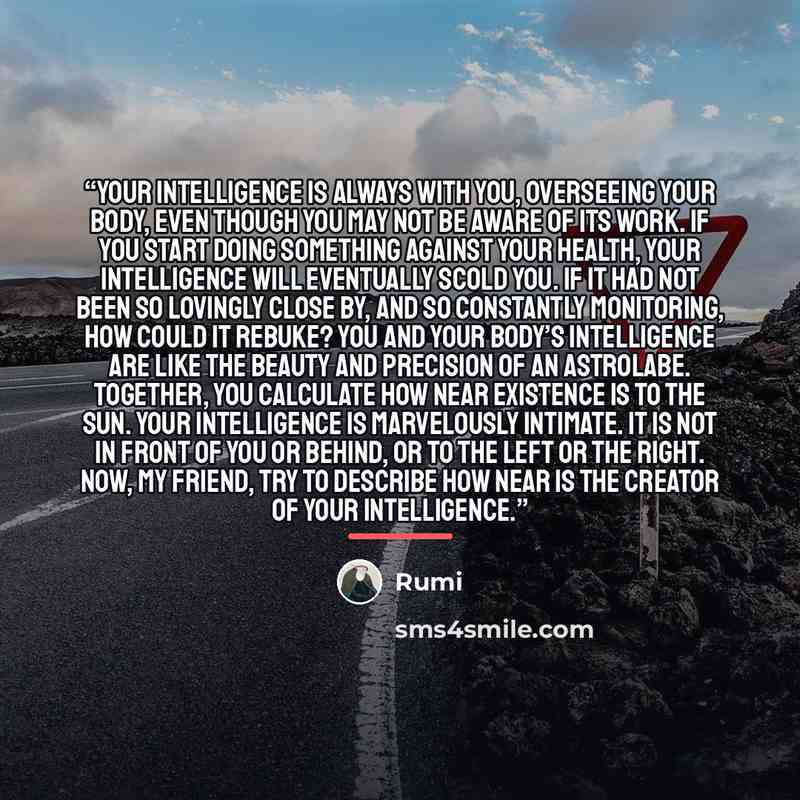 “Your intelligence is always with you, overseeing your body, even though you may not be aware of its work. If you start doing something against your health, your intelligence will eventually scold you. If it had not been so lovingly close by, and so constantly monitoring, how could it rebuke? You…” quote by Rumi