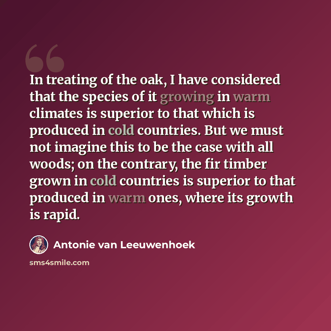 “In treating of the oak, I have considered that the species of it growing in warm climates is superior to that which is produced in cold countries. But we must not imagine this to be the case with all woods; on the contrary, the fir timber grown in cold countries is superior to that produced in…” quote by Antonie van Leeuwenhoek