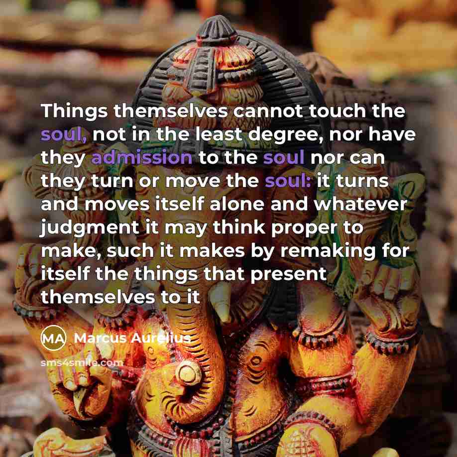 “Things themselves cannot touch the soul, not in the least degree, nor have they admission to the soul nor can they turn or move the soul: it turns and moves itself alone and whatever judgment it may think proper to make, such it makes by remaking for itself the things that present themselves to it” quote by Marcus Aurelius