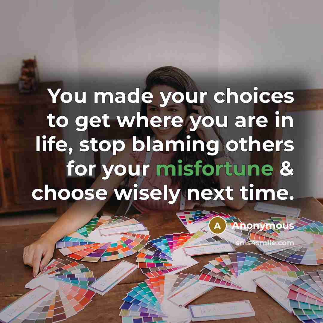 “You made your choices to get where you are in life, stop blaming others for your misfortune & choose wisely next time.” quote by Anonymous
