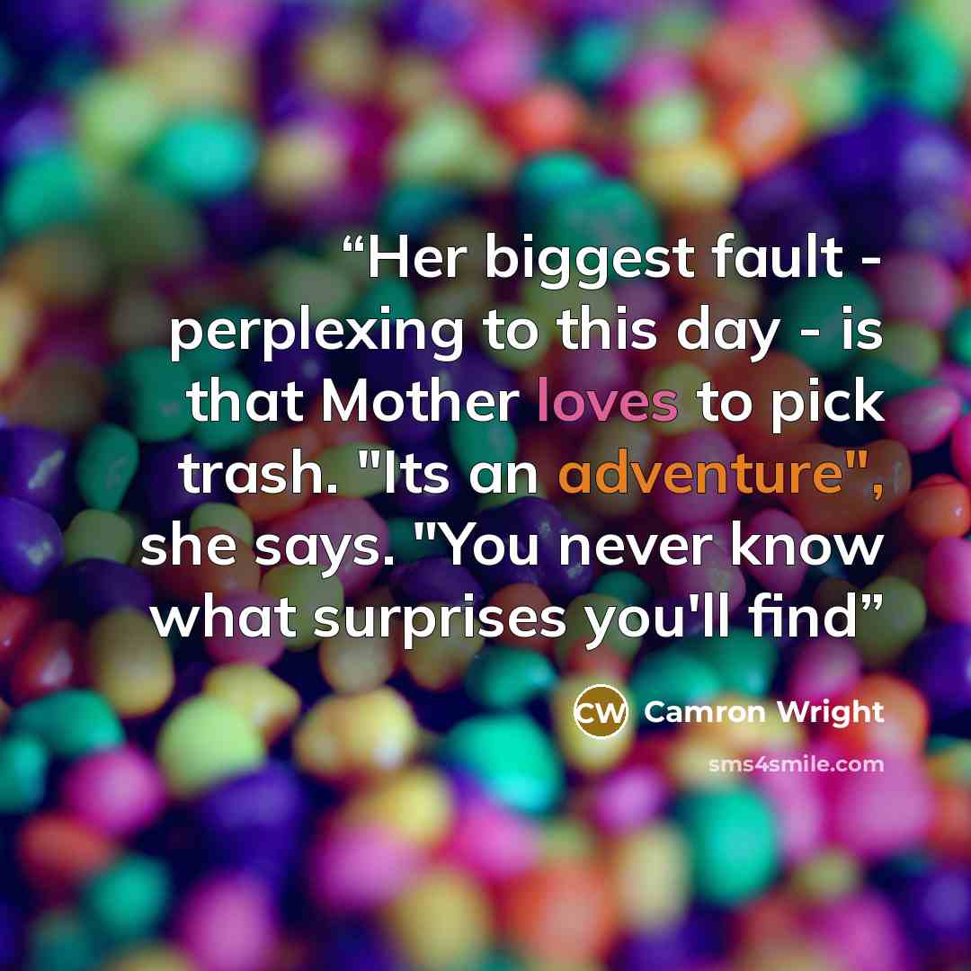 “Her biggest fault - perplexing to this day - is that Mother loves to pick trash. "Its an adventure", she says. "You never know what surprises you'll find” quote by Camron Wright