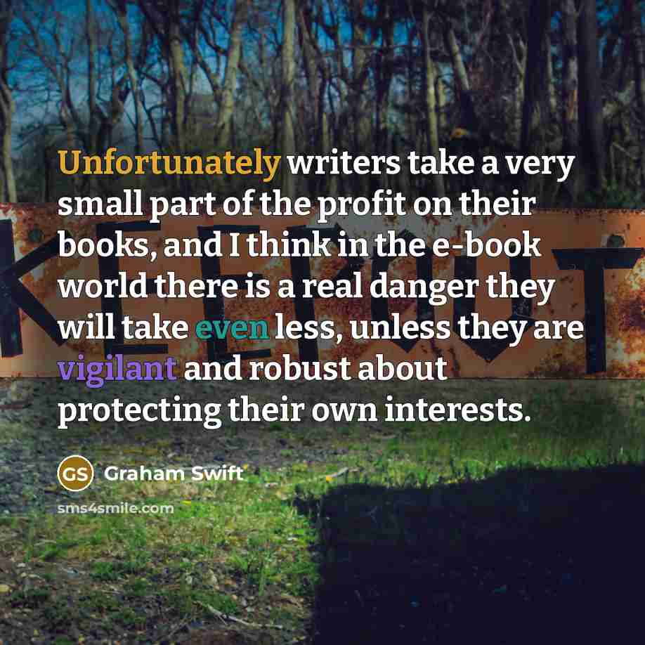 “Unfortunately writers take a very small part of the profit on their books, and I think in the e-book world there is a real danger they will take even less, unless they are vigilant and robust about protecting their own interests.” quote by Graham Swift