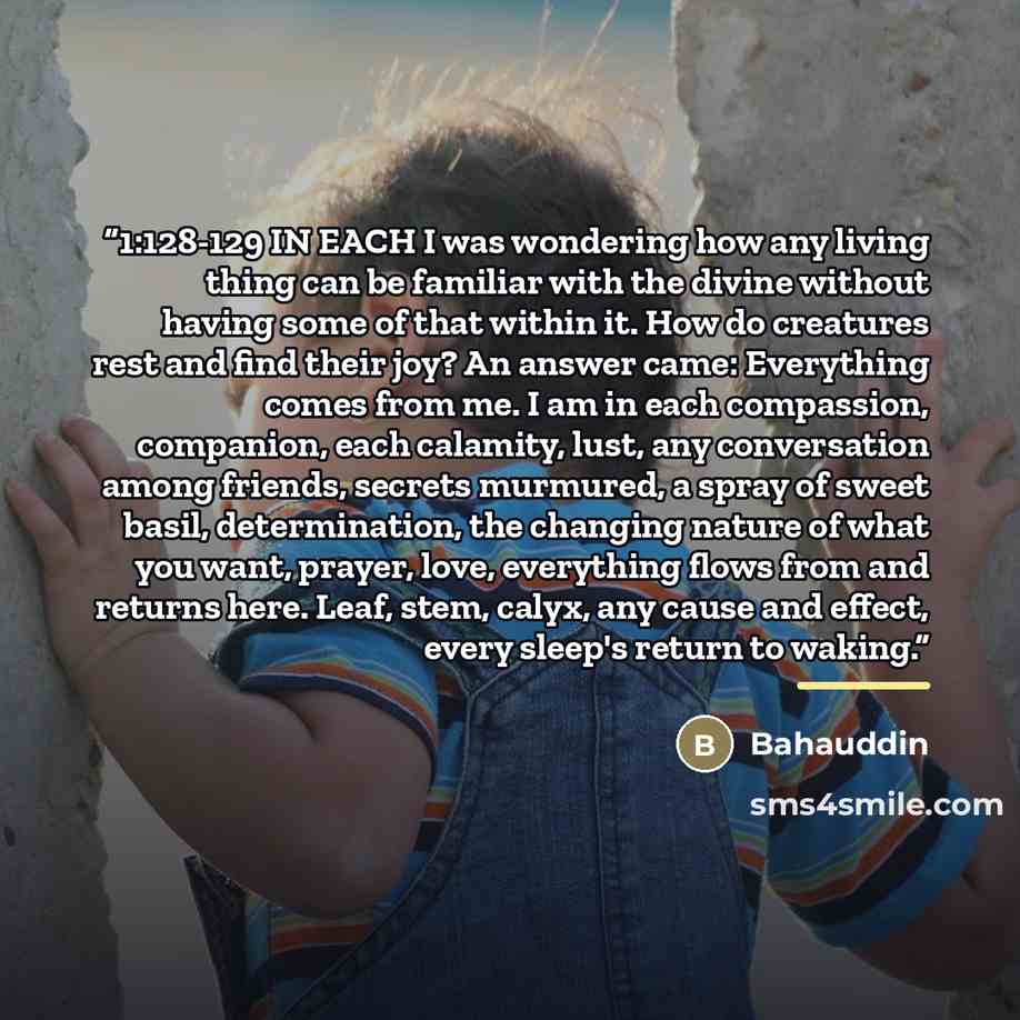 “1:128-129 IN EACH I was wondering how any living thing can be familiar with the divine without having some of that within it. How do creatures rest and find their joy? An answer came: Everything comes from me. I am in each compassion, companion, each calamity, lust, any conversation among friends…” quote by Bahauddin