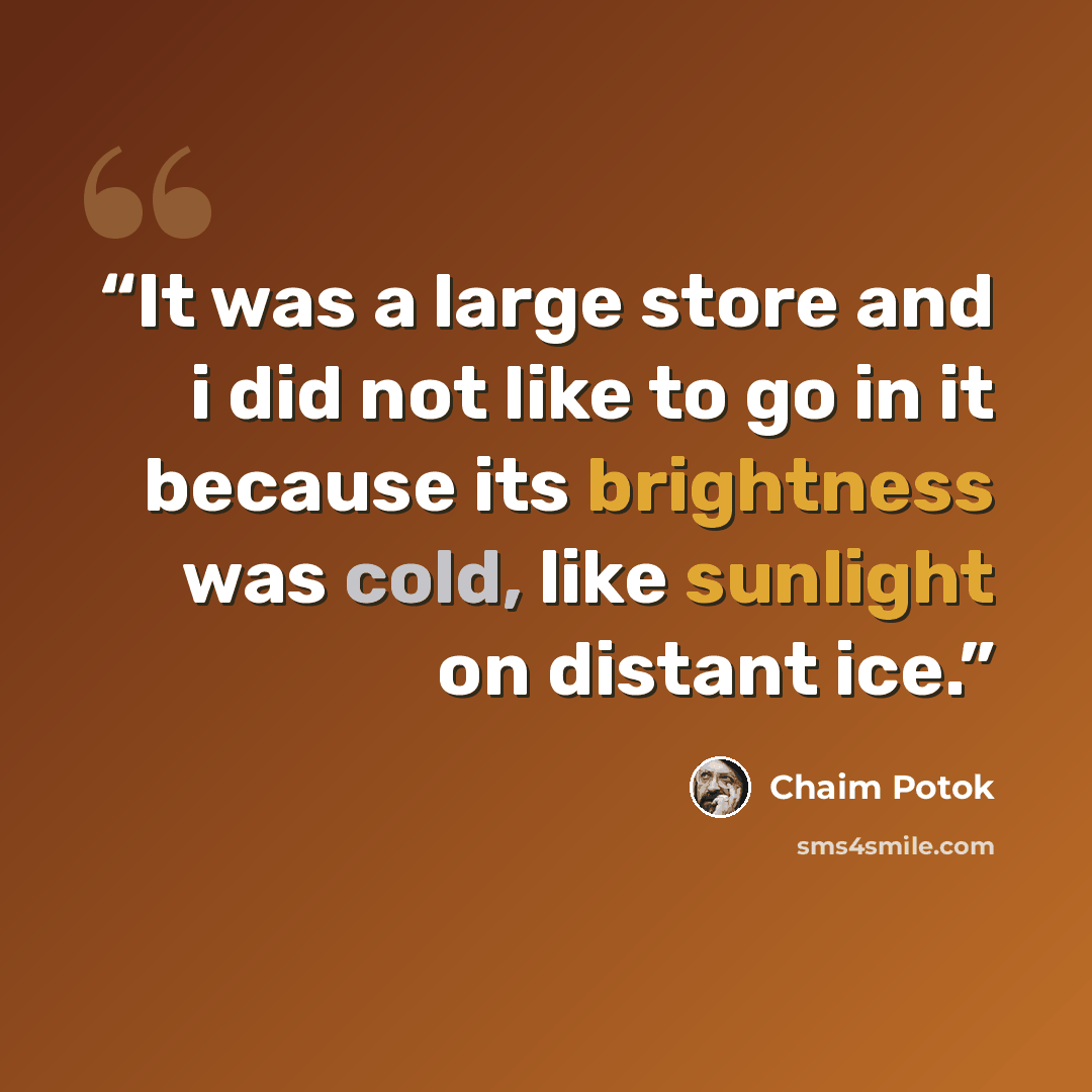“It was a large store and i did not like to go in it because its brightness was cold, like sunlight on distant ice.” quote by Chaim Potok