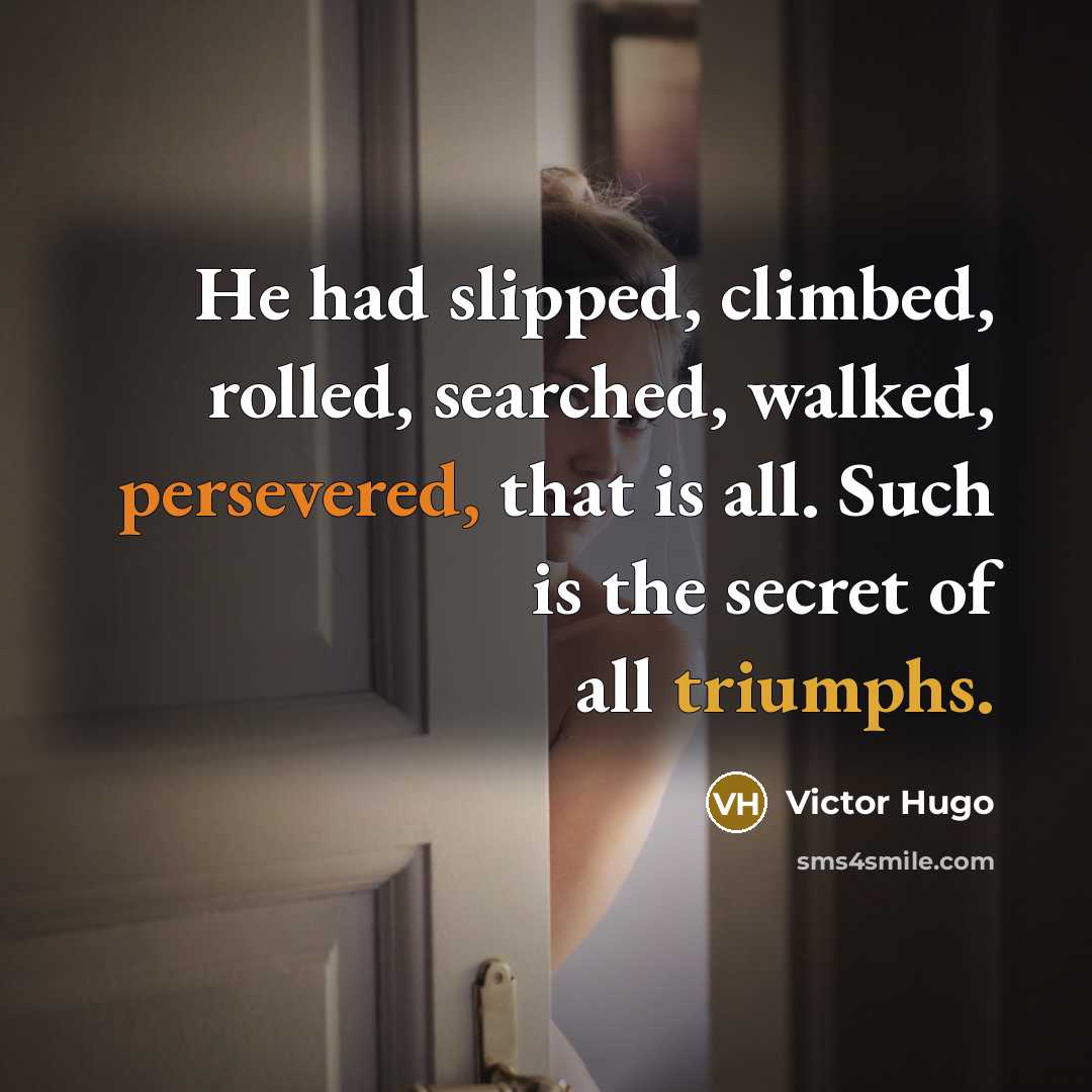 “He had slipped, climbed, rolled, searched, walked, persevered, that is all. Such is the secret of all triumphs.” quote by Victor Hugo