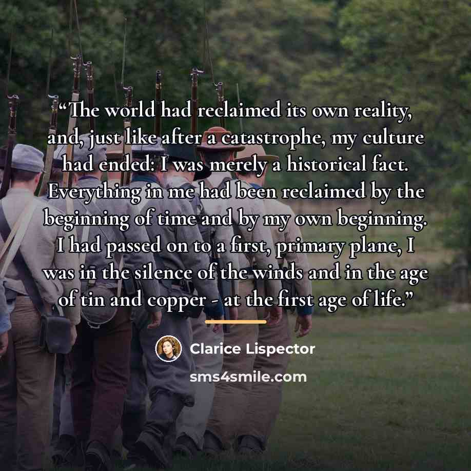 “The world had reclaimed its own reality, and, just like after a catastrophe, my culture had ended: I was merely a historical fact. Everything in me had been reclaimed by the beginning of time and by my own beginning. I had passed on to a first, primary plane, I was in the silence of the winds and…” quote by Clarice Lispector