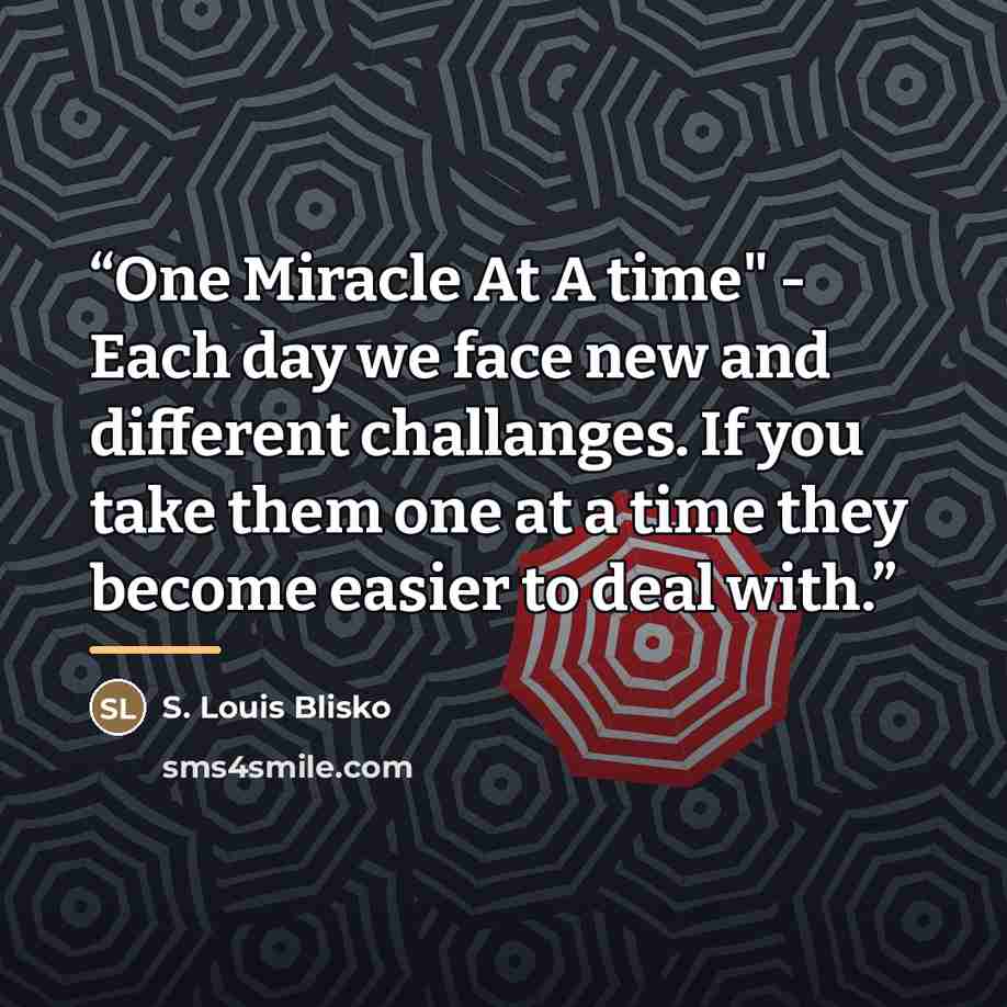 “One Miracle At A time" - Each day we face new and different challanges. If you take them one at a time they become easier to deal with.” quote by S. Louis Blisko