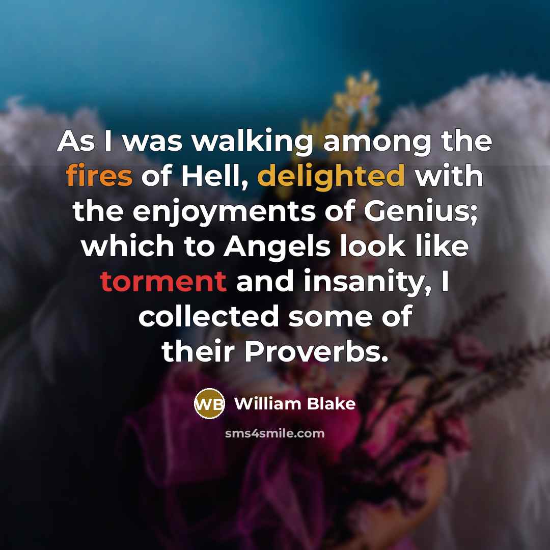“As I was walking among the fires of Hell, delighted with the enjoyments of Genius; which to Angels look like torment and insanity, I collected some of their Proverbs.” quote by William Blake