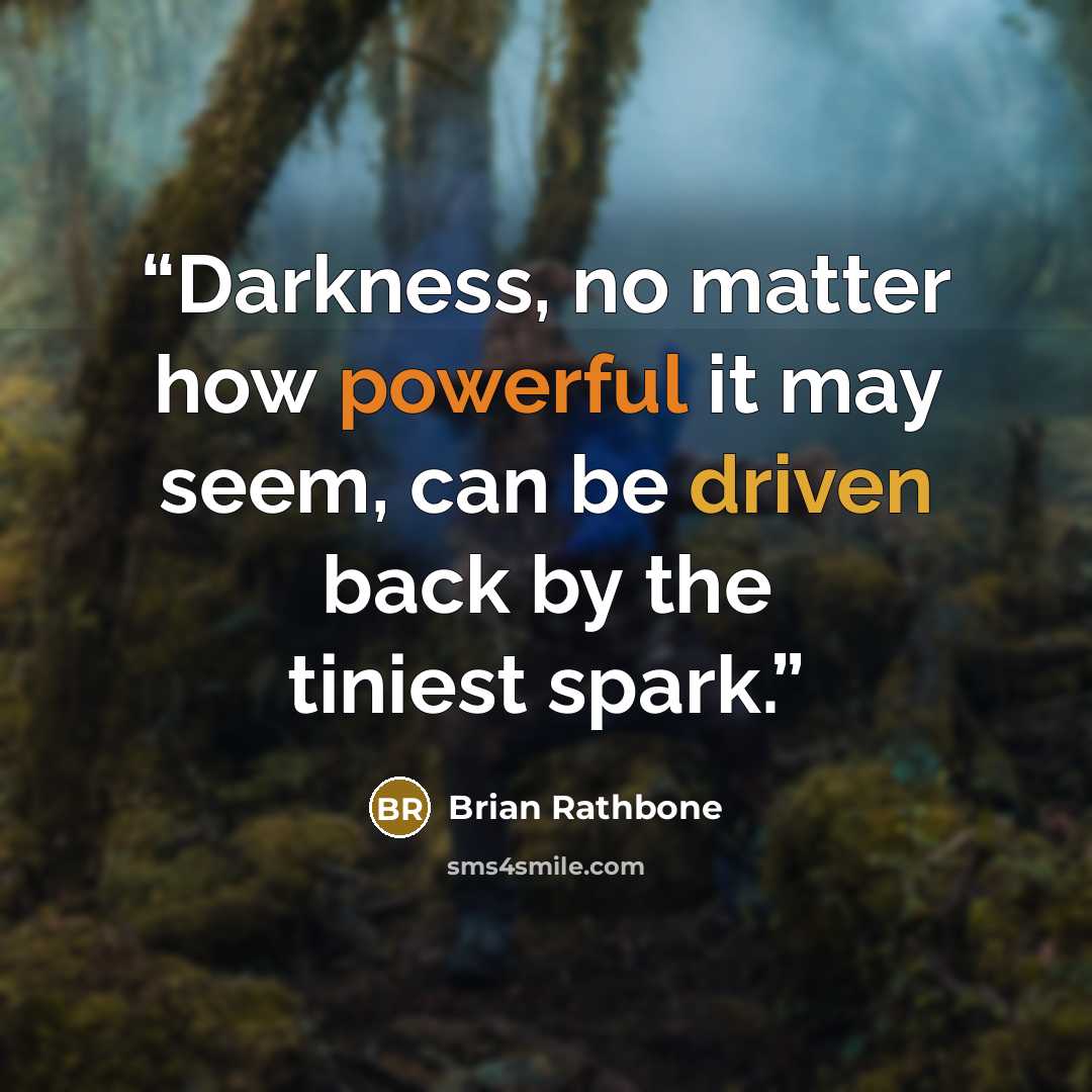 “Darkness, no matter how powerful it may seem, can be driven back by the tiniest spark.” quote by Brian Rathbone