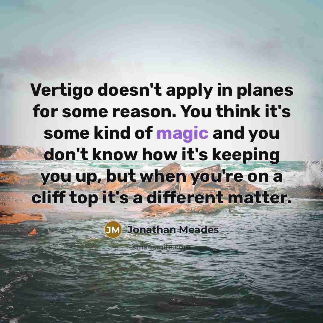 “Vertigo doesn't apply in planes for some reason. You think it's some kind of magic and you don't know how it's keeping you up, but when you're on a cliff top it's a different matter.” quote by Jonathan Meades
