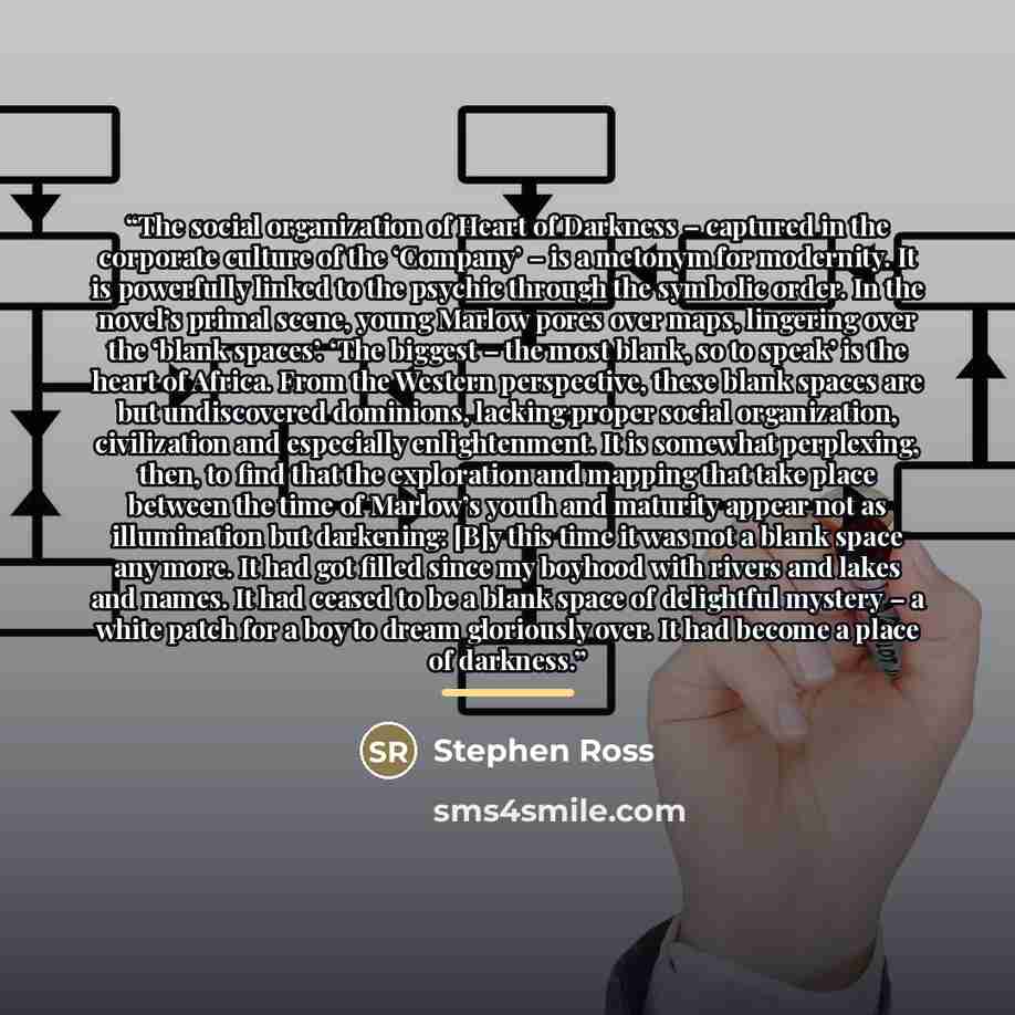 “The social organization of Heart of Darkness – captured in the corporate culture of the ‘Company’ – is a metonym for modernity. It is powerfully linked to the psychic through the symbolic order. In the novel’s primal scene, young Marlow pores over maps, lingering over the ‘blank spaces’. ‘The…” quote by Stephen Ross