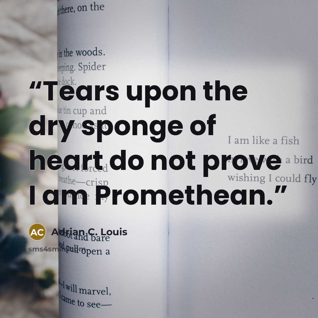 “Tears upon the dry sponge of heart do not prove I am Promethean.” quote by Adrian C. Louis