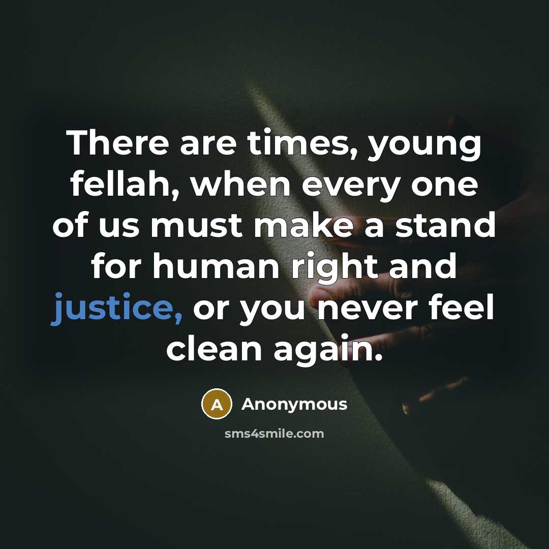 “There are times, young fellah, when every one of us must make a stand for human right and justice, or you never feel clean again.” quote by Anonymous