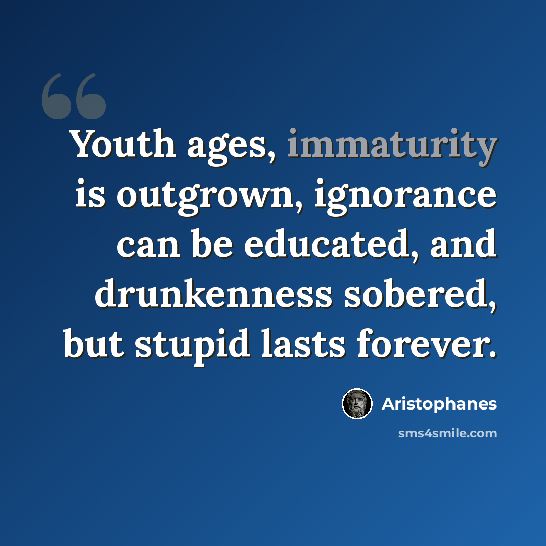 “Youth ages, immaturity is outgrown, ignorance can be educated, and drunkenness sobered, but stupid lasts forever.” quote by Aristophanes