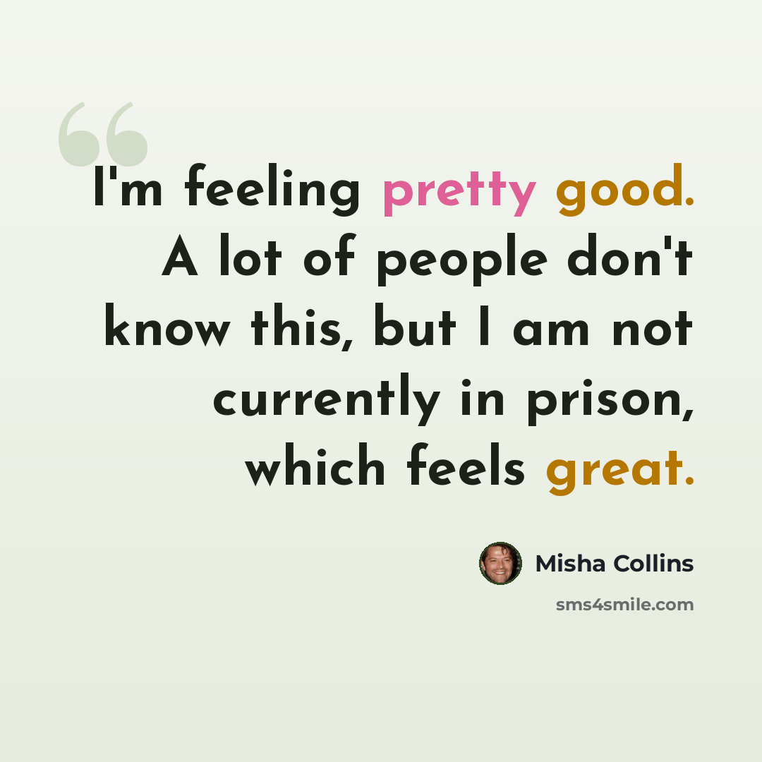 “I'm feeling pretty good. A lot of people don't know this, but I am not currently in prison, which feels great.” quote by Misha Collins