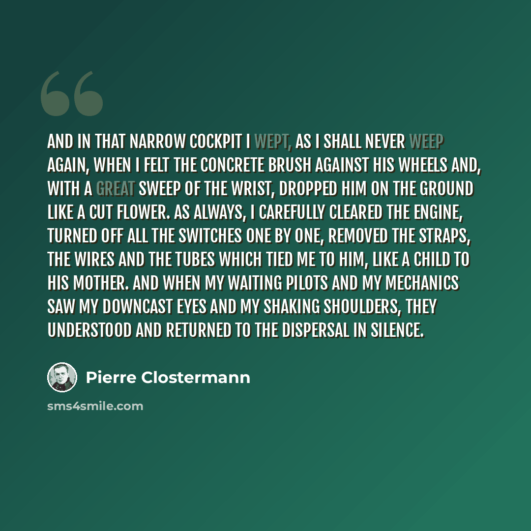 “And in that narrow cockpit I wept, as I shall never weep again, when I felt the concrete brush against his wheels and, with a great sweep of the wrist, dropped him on the ground like a cut flower. As always, I carefully cleared the engine, turned off all the switches one by one, removed the…” quote by Pierre Clostermann