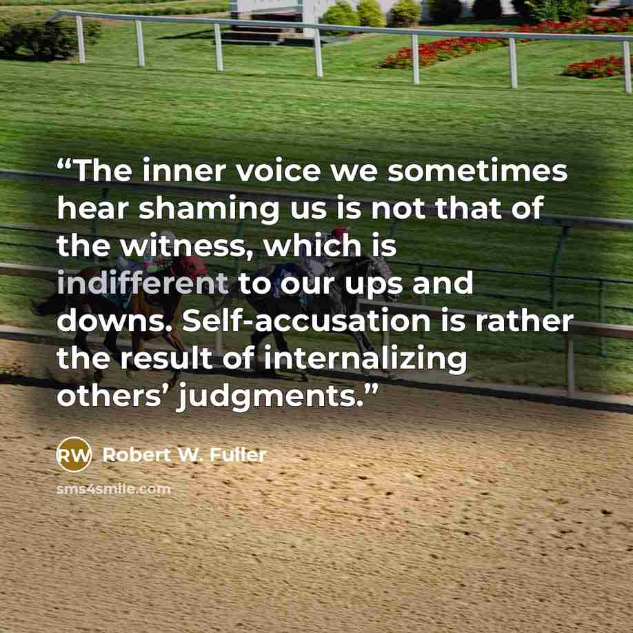 “The inner voice we sometimes hear shaming us is not that of the witness, which is indifferent to our ups and downs. Self-accusation is rather the result of internalizing others’ judgments.” quote by Robert W. Fuller
