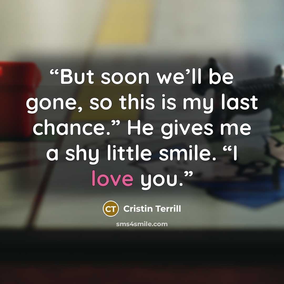 “But soon we’ll be gone, so this is my last chance.” He gives me a shy little smile. “I love you.” quote by Cristin Terrill