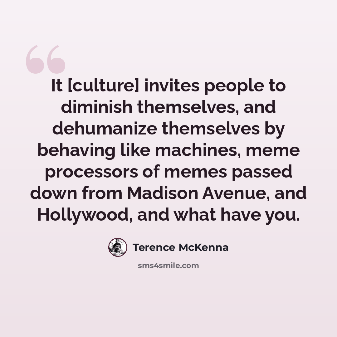 “It [culture] invites people to diminish themselves, and dehumanize themselves by behaving like machines, meme processors of memes passed down from Madison Avenue, and Hollywood, and what have you.” quote by Terence McKenna