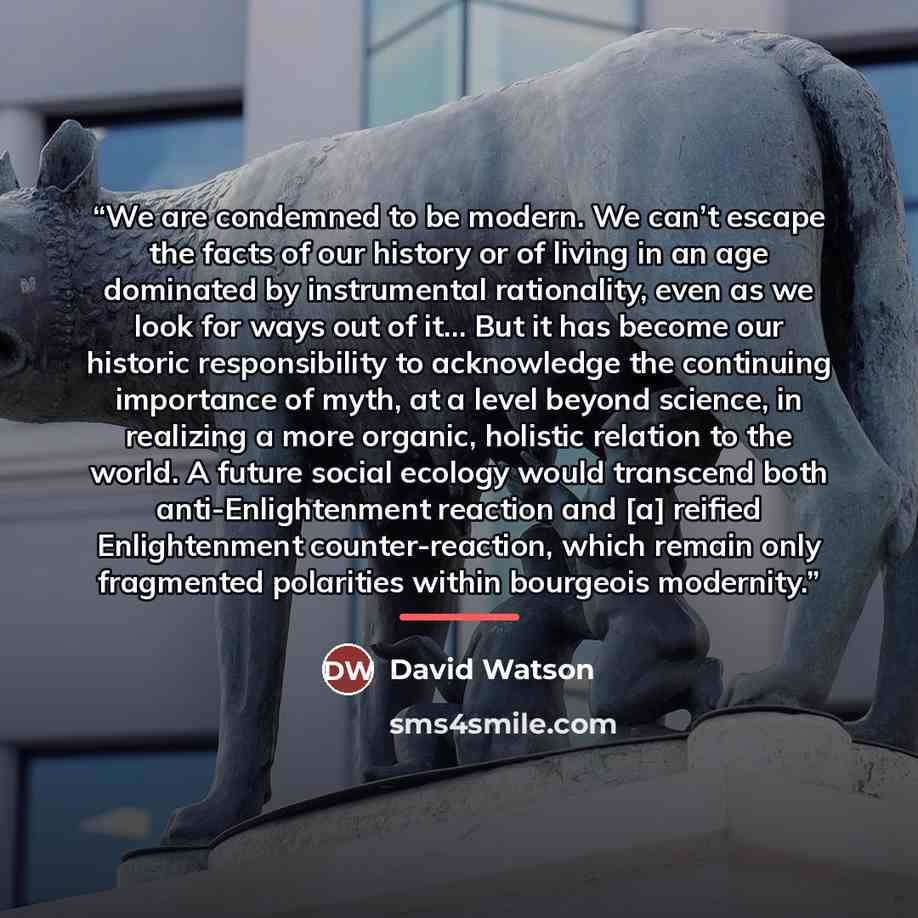 “We are condemned to be modern. We can’t escape the facts of our history or of living in an age dominated by instrumental rationality, even as we look for ways out of it... But it has become our historic responsibility to acknowledge the continuing importance of myth, at a level beyond science, in…” quote by David Watson
