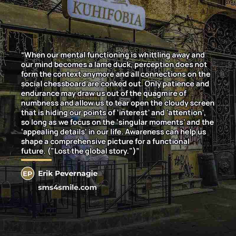 “When our mental functioning is whittling away and our mind becomes a lame duck, perception does not form the context anymore and all connections on the social chessboard are conked out. Only patience and endurance may draw us out of the quagmire of numbness and allow us to tear open the cloudy…” quote by Erik Pevernagie