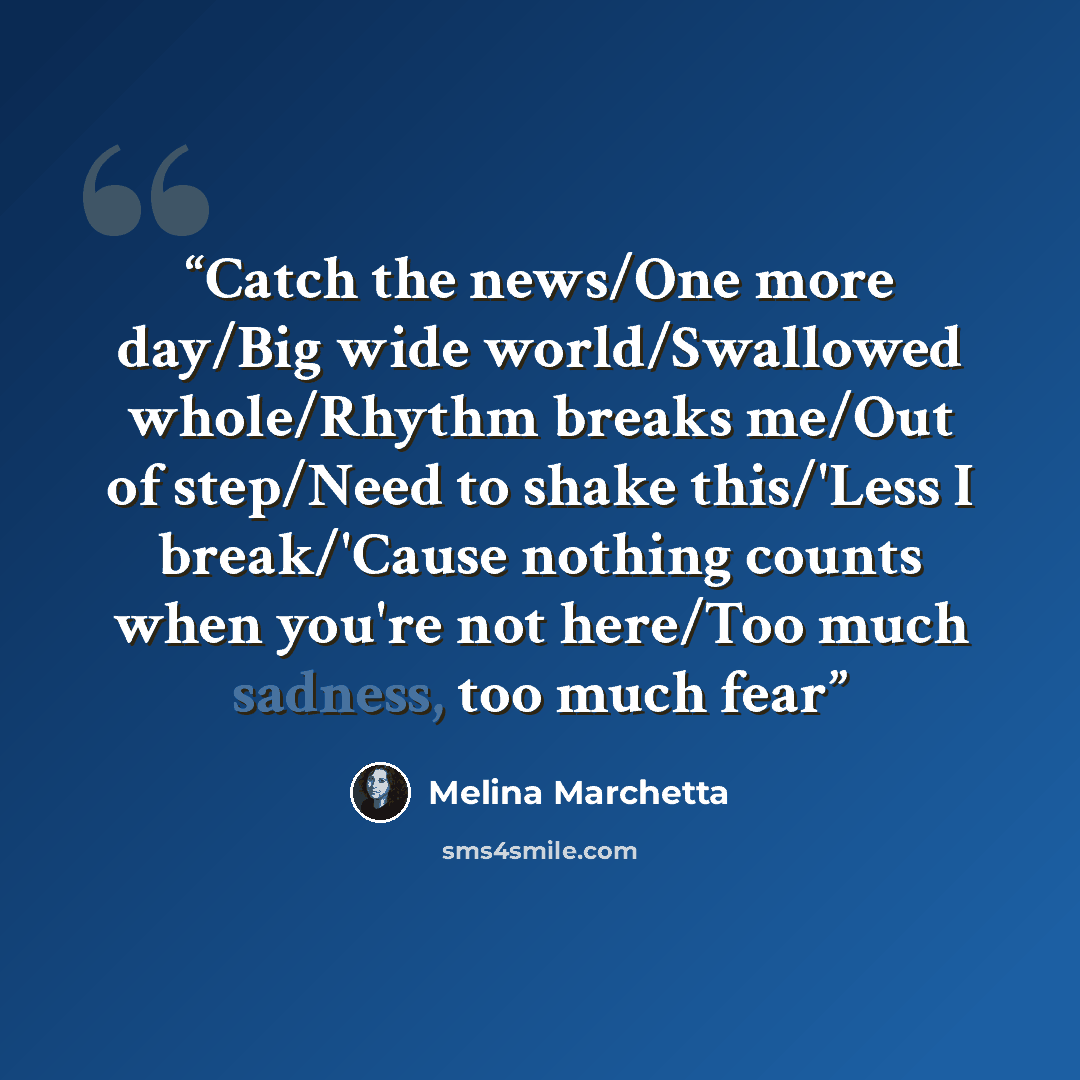 “Catch the news/One more day/Big wide world/Swallowed whole/Rhythm breaks me/Out of step/Need to shake this/'Less I break/'Cause nothing counts when you're not here/Too much sadness, too much fear” quote by Melina Marchetta