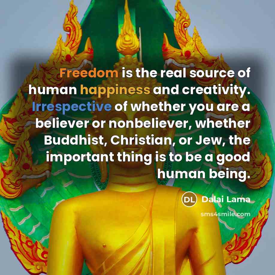 “Freedom is the real source of human happiness and creativity. Irrespective of whether you are a believer or nonbeliever, whether Buddhist, Christian, or Jew, the important thing is to be a good human being.” quote by Dalai Lama