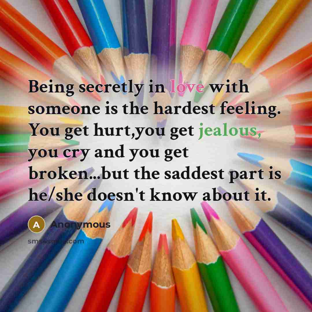 “Being secretly in love with someone is the hardest feeling. You get hurt,you get jealous, you cry and you get broken...but the saddest part is he/she doesn't know about it.” quote by Anonymous