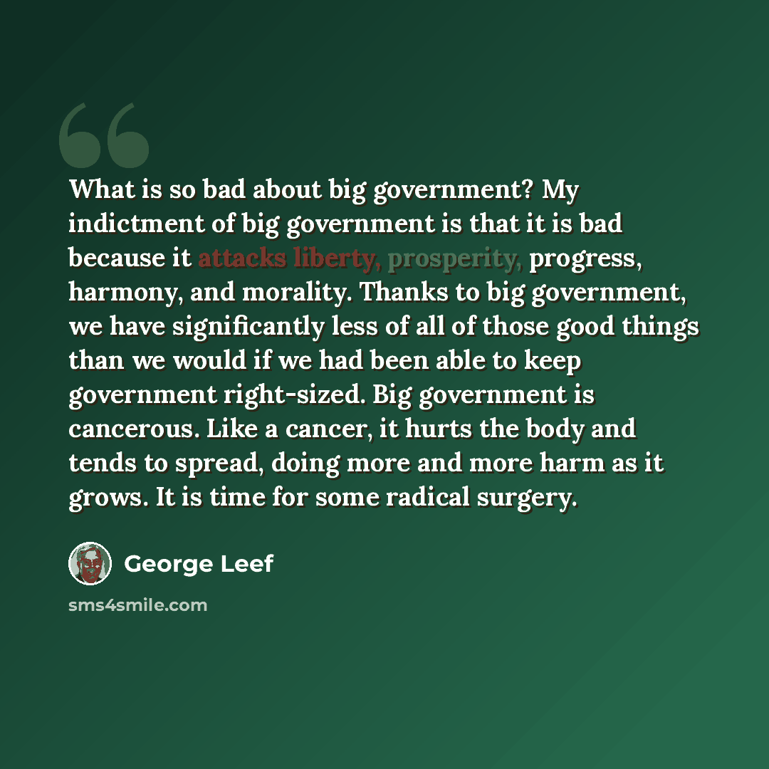 “What is so bad about big government? My indictment of big government is that it is bad because it attacks liberty, prosperity, progress, harmony, and morality. Thanks to big government, we have significantly less of all of those good things than we would if we had been able to keep government…” quote by George Leef