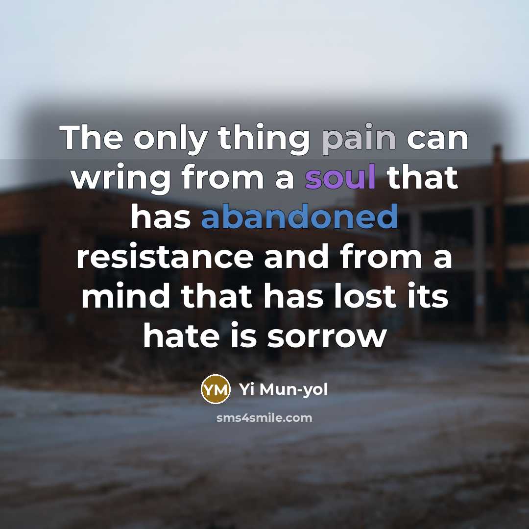 “The only thing pain can wring from a soul that has abandoned resistance and from a mind that has lost its hate is sorrow” quote by Yi Mun-yol