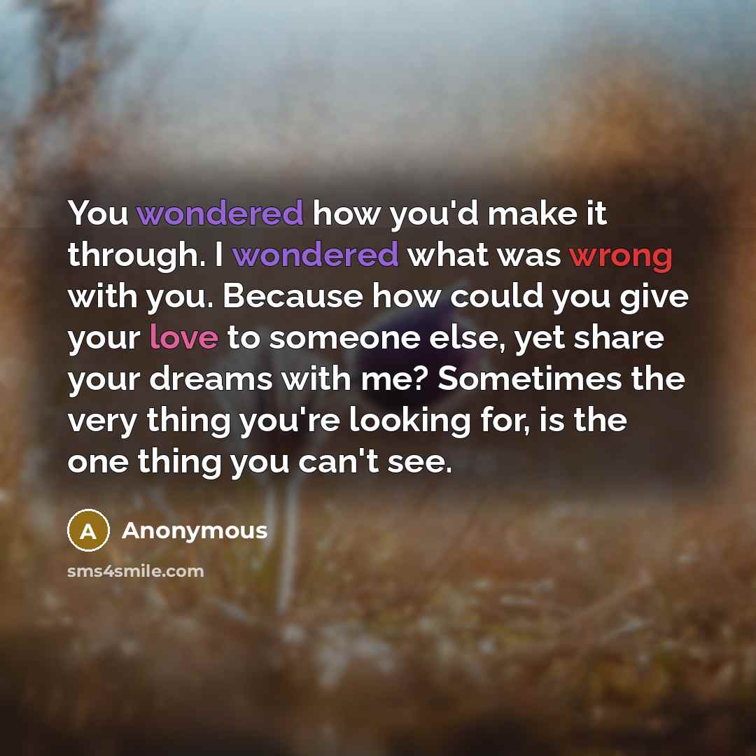 “You wondered how you'd make it through. I wondered what was wrong with you. Because how could you give your love to someone else, yet share your dreams with me? Sometimes the very thing you're looking for, is the one thing you can't see.” quote by Anonymous