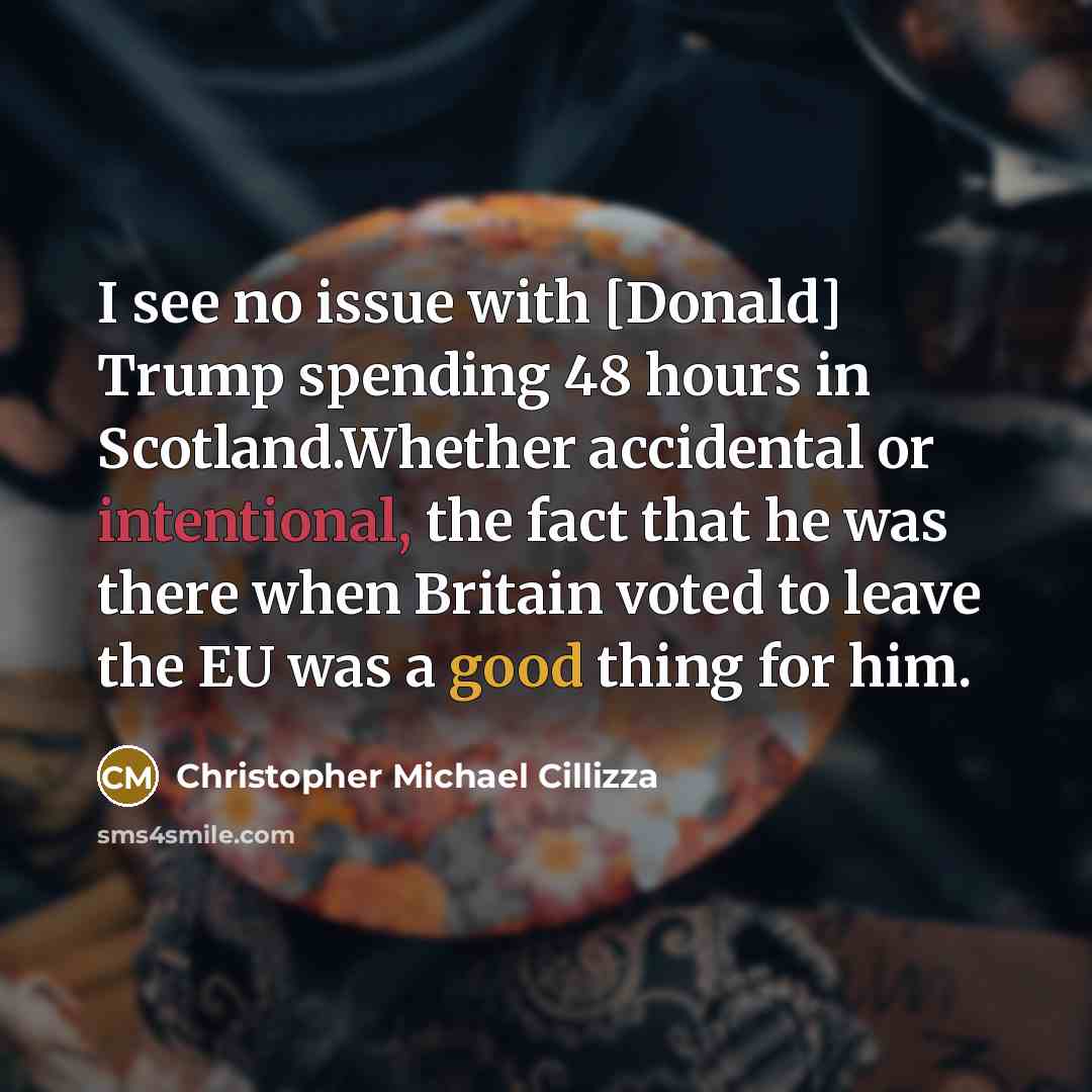 “I see no issue with [Donald] Trump spending 48 hours in Scotland.Whether accidental or intentional, the fact that he was there when Britain voted to leave the EU was a good thing for him.” quote by Christopher Michael Cillizza